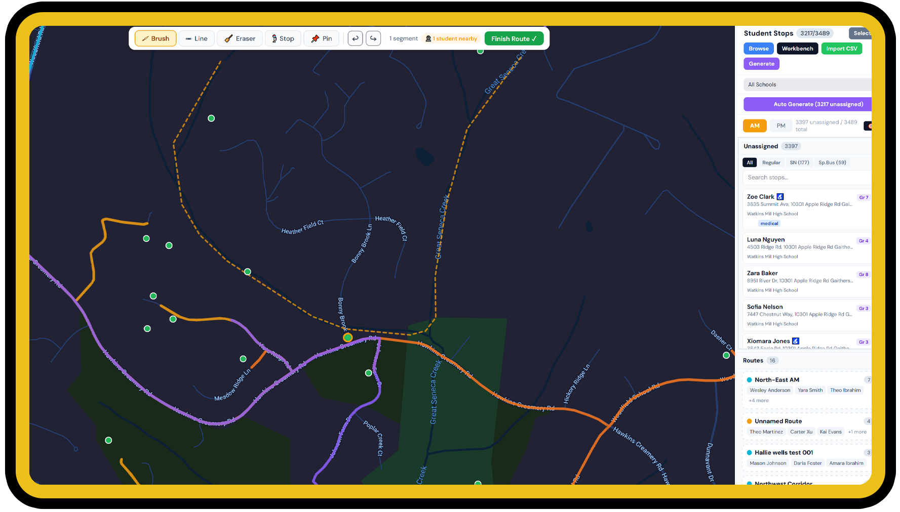 Drawing a bus route on the map with brush tool